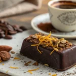 A close-up of velvety Dubai Chocolate topped with crushed nuts and saffron strands.