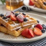 A close-up of freshly made Belgian waffles with powdered sugar and fresh berries.