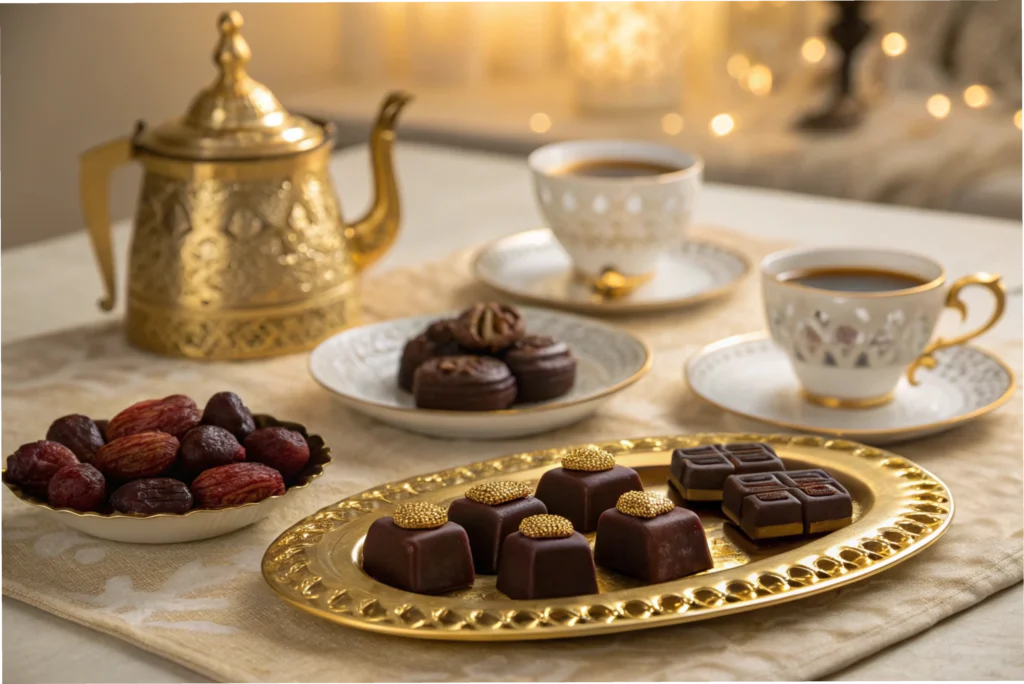 A luxurious serving of Dubai Chocolate paired with Arabic coffee and fresh dates.