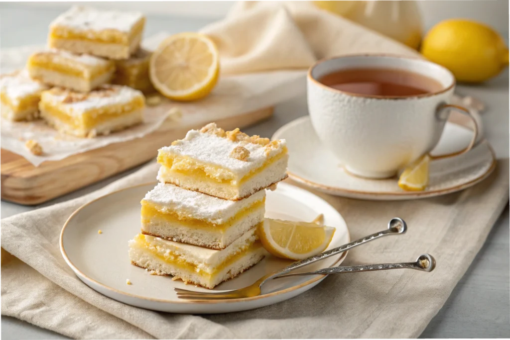 A plate of Lemon Meringue Pie Bars served with fresh lemon slices and a cup of tea.