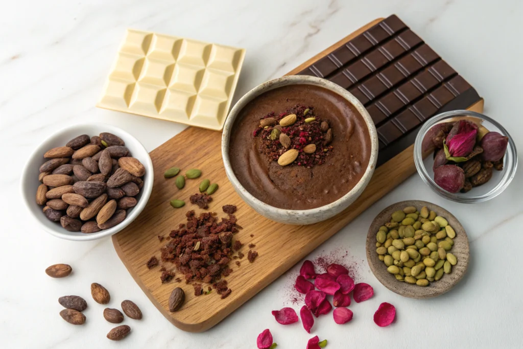 Essential ingredients for making Dubai Chocolate, including cocoa, saffron, and camel milk.