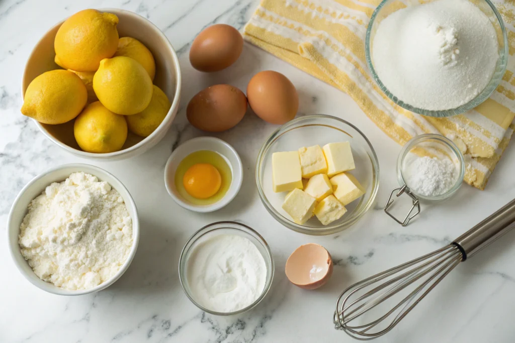 A flat lay of fresh lemons, eggs, butter, sugar, and flour on a kitchen counter.