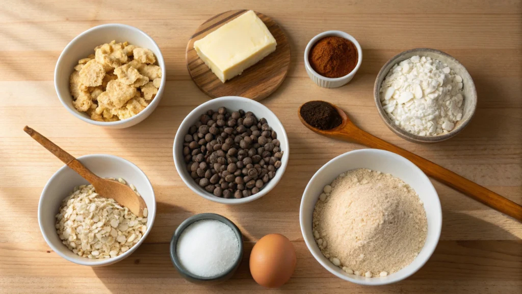  A flat lay of cowboy cookie ingredients, including oats, chocolate chips, butter, brown sugar, eggs, and cinnamon.