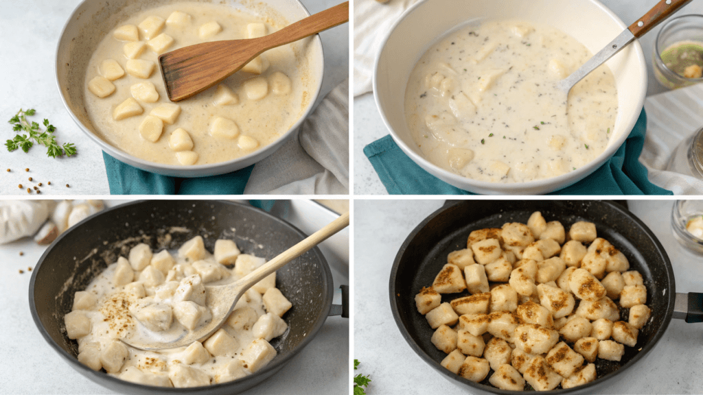 A collage of four images showing the step-by-step process of making creamy chicken and gnocchi: sautéing chicken, preparing the sauce, adding gnocchi, and final mixing.