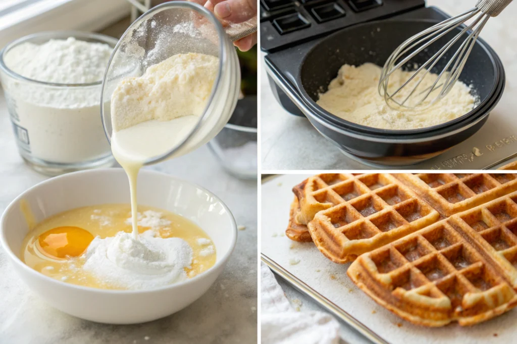 A collage of four key steps to making Belgian waffles, from mixing the batter to cooking them in a waffle iron.