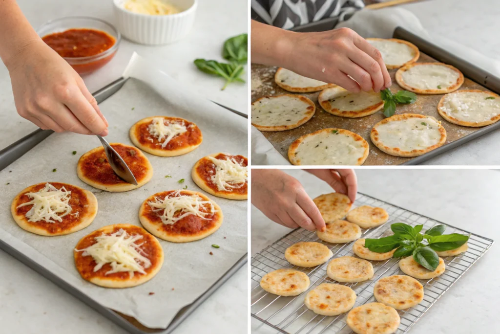 A step-by-step collage showing how to make crispy pizza chips, from preparing to baking.