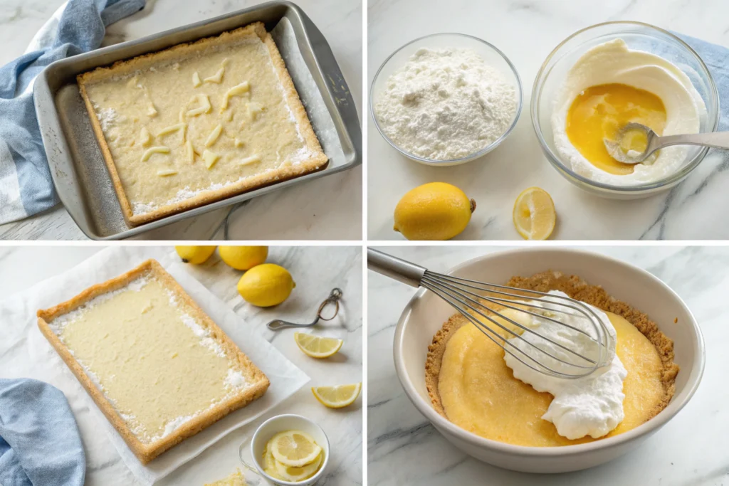 A step-by-step collage showing how to make Lemon Meringue Pie Bars, from crust to meringue.