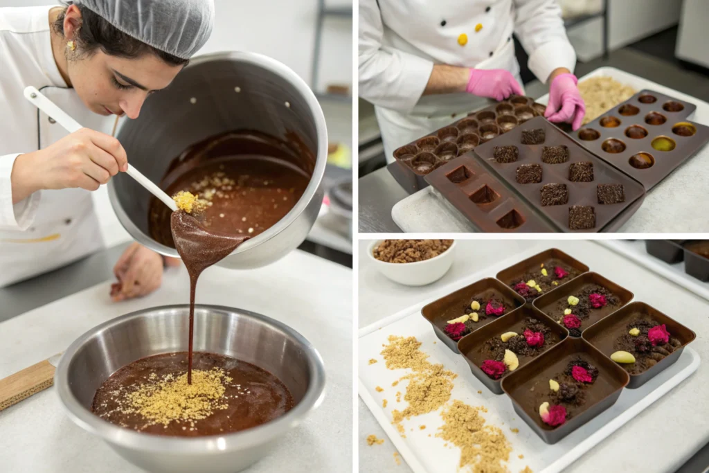 A four-step visual guide to making luxurious Dubai Chocolate, from melting cocoa to garnishing.