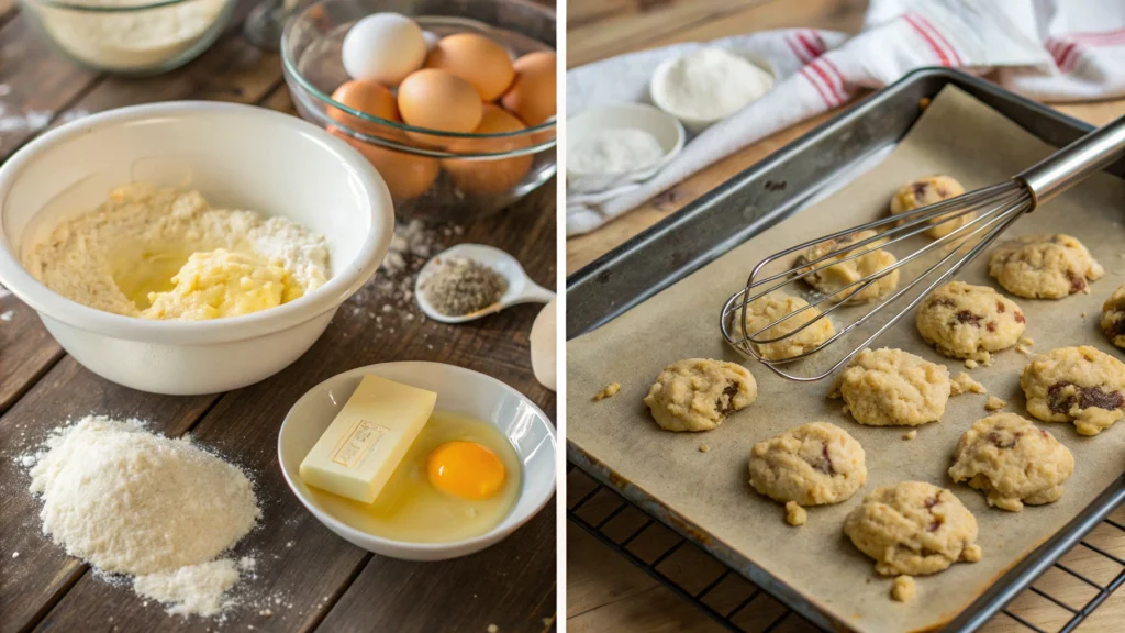 A collage showing four key steps: mixing dough, scooping onto a tray, baking in the oven, and the final cookies cooling.