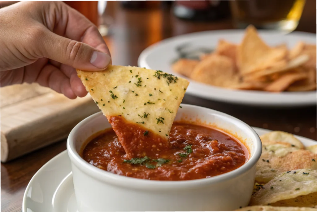 A hand dipping a crispy pizza chip into a bowl of marinara sauce.