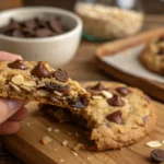 A hand holding a cowboy cookie, with melted chocolate chips and oats visible in the bite.