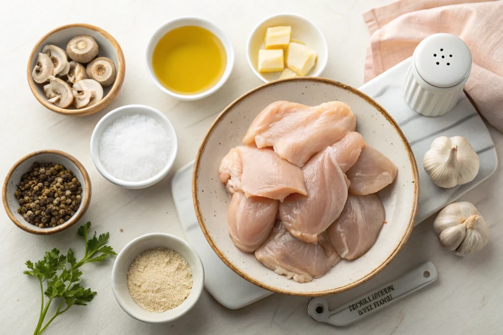 All ingredients for Creamy Chicken Marsala arranged on a wooden surface.