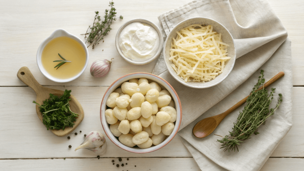 A flat lay of fresh ingredients for making creamy chicken and gnocchi, including chicken, gnocchi, cream, garlic, and seasonings.