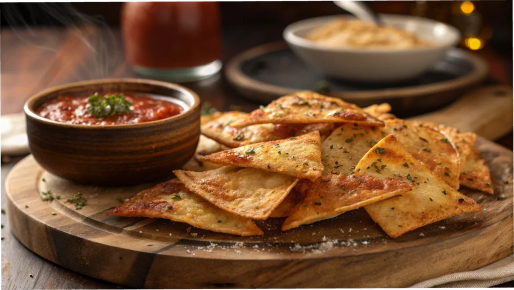 Golden-brown crispy steak fries arranged on a rustic wooden board with ramekin of dipping sauce