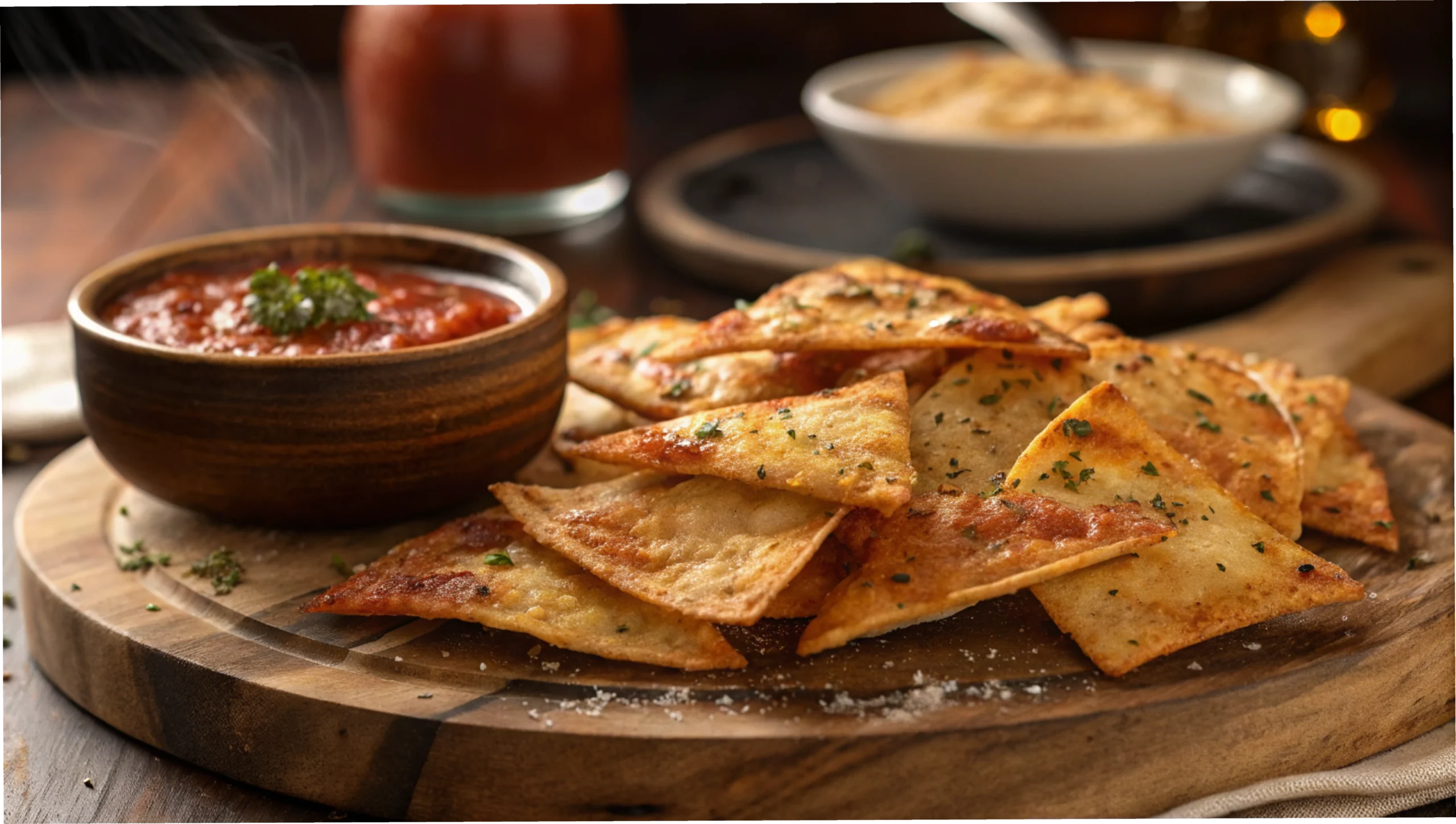 Golden-brown crispy pizza chips arranged on a rustic wooden board with a side of marinara dipping sauce.