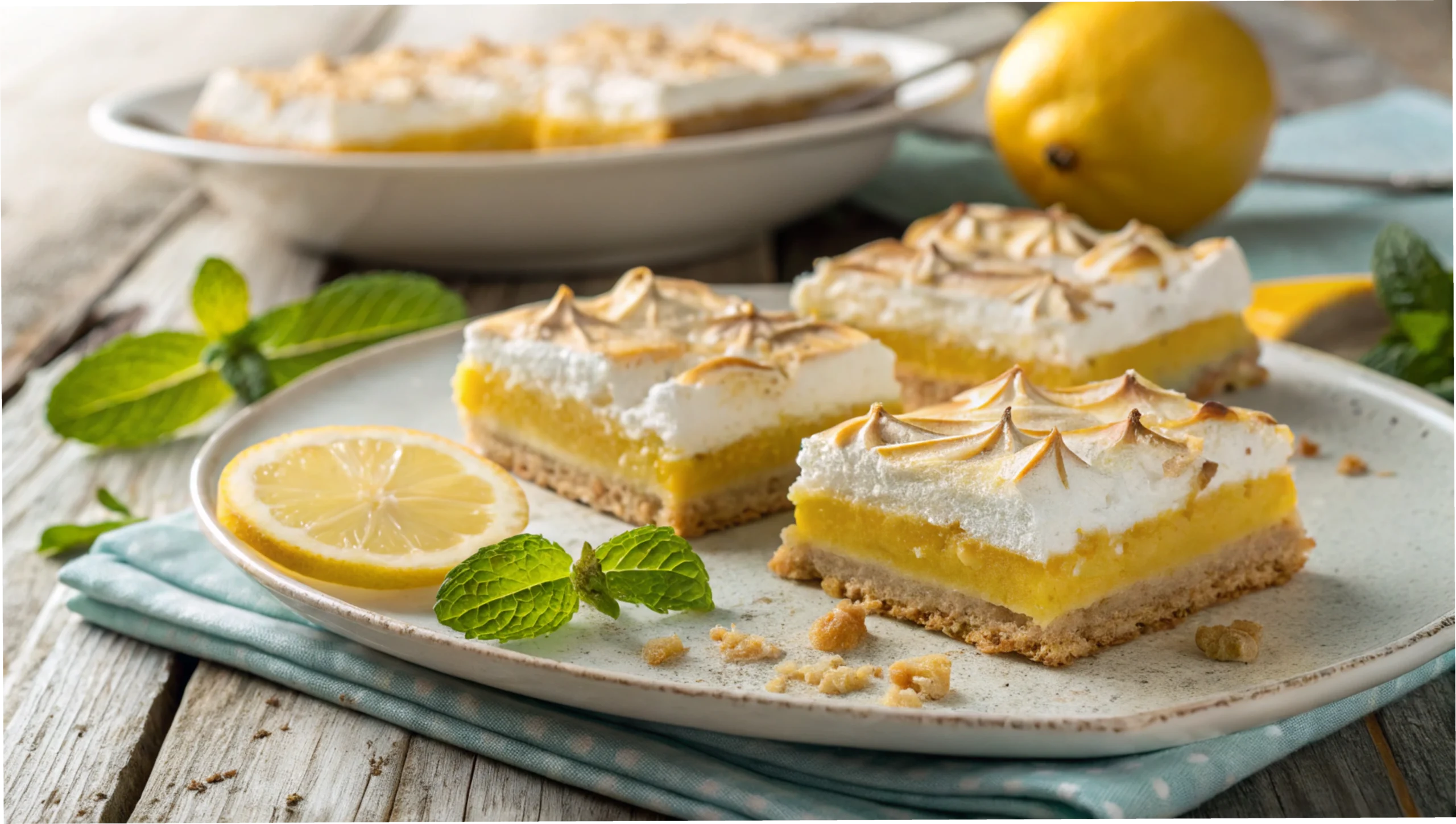 A plate of golden-brown Lemon Meringue Pie Bars with a fluffy meringue topping and a tangy lemon filling.