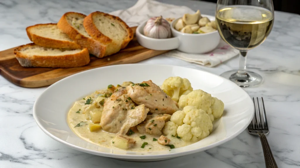 Serving creamy chicken and cauliflower with garlic bread and wine