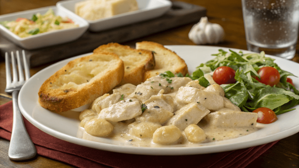 A plate of creamy chicken and gnocchi served with a side of garlic bread and a green salad.