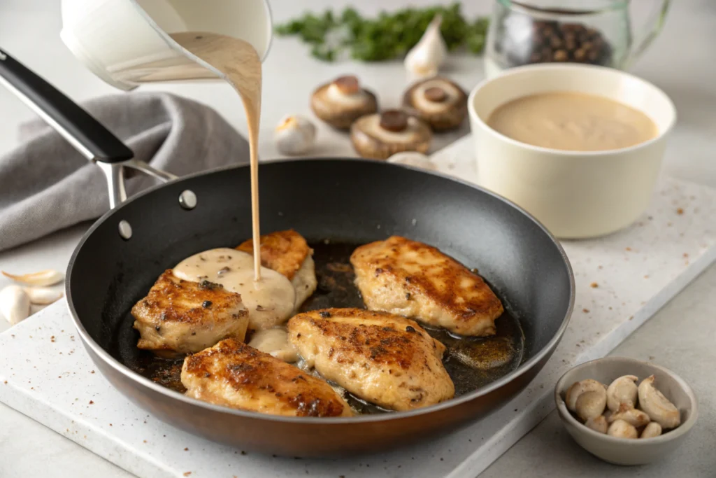 Four-step collage of making Creamy Chicken Marsala, from searing to adding sauce.