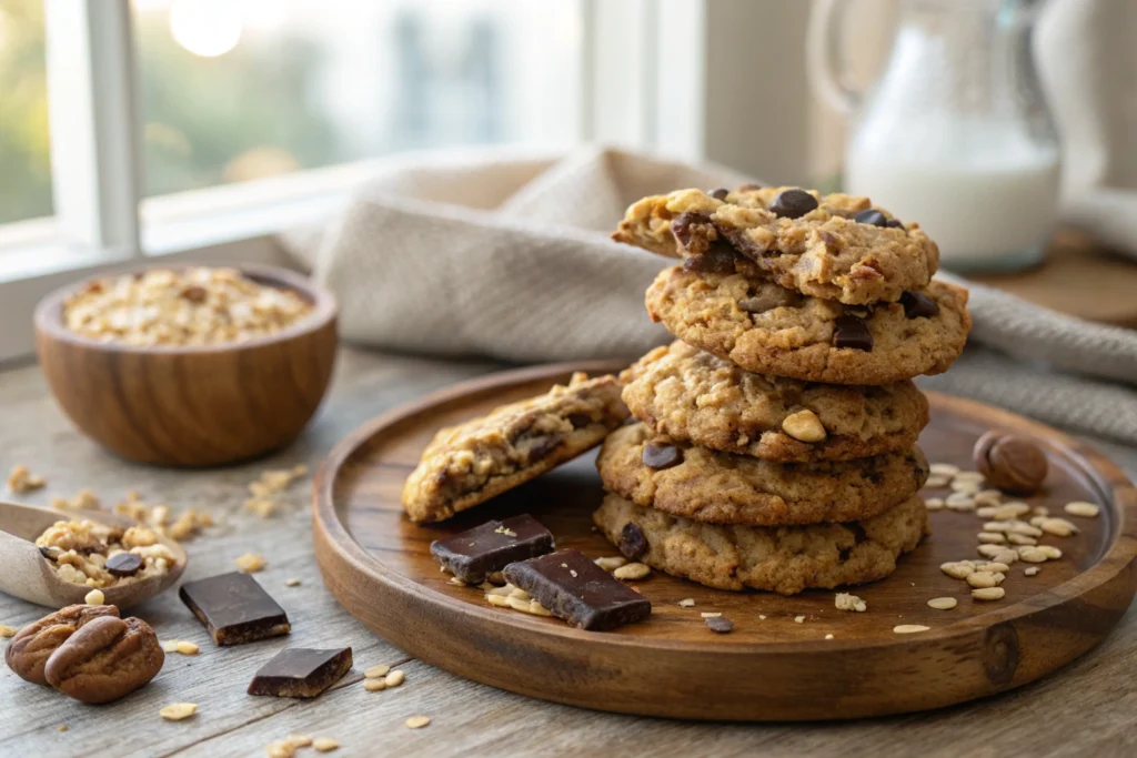 A plate stacked with freshly baked crispy cookies, golden brown with white chocolate chips and nuts