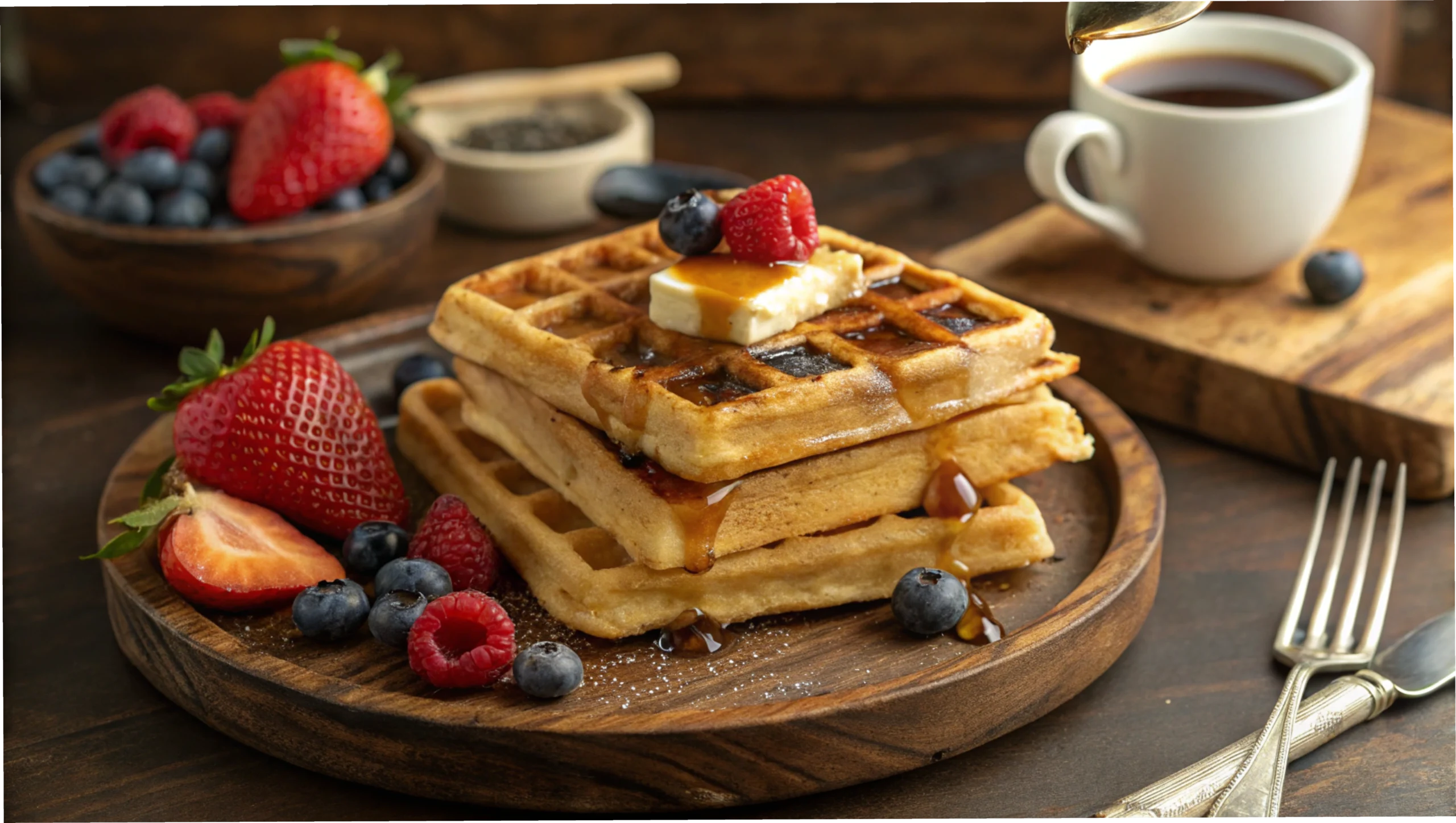 Golden Belgian waffles stacked on a plate, topped with butter and drizzled with maple syrup.