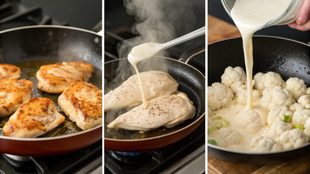 Cooking process for creamy chicken and cauliflower dish