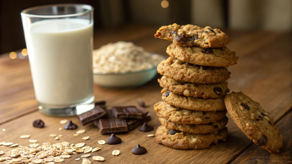 A tall stack of cowboy cookies next to a glass of milk on a wooden table.