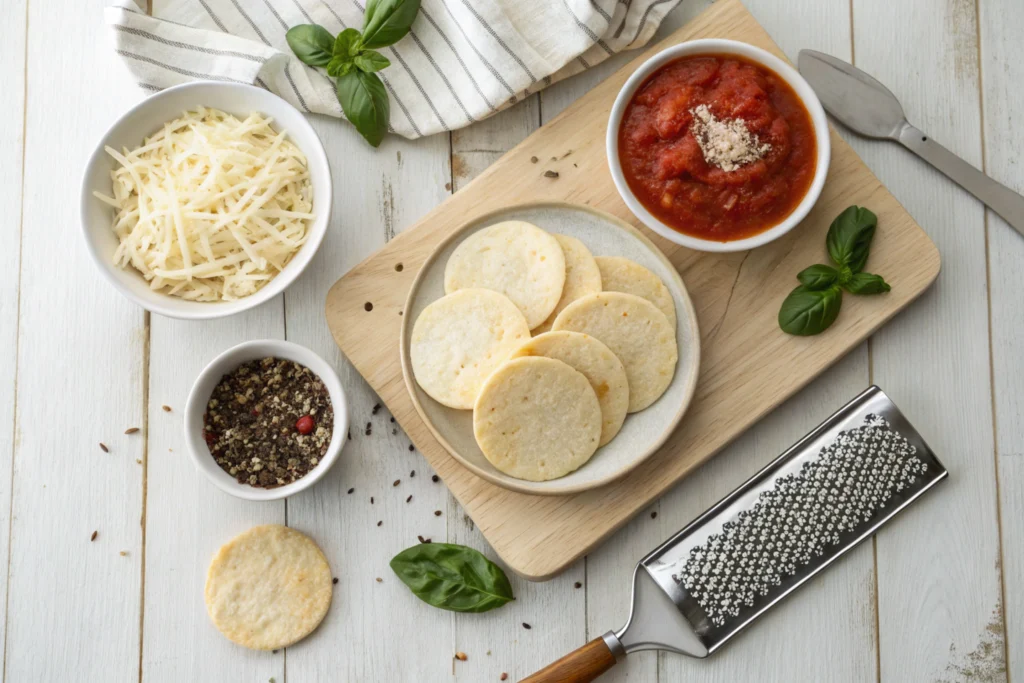 A flat lay of ingredients for crispy pizza chips, including cheese, tomato sauce, and spices.