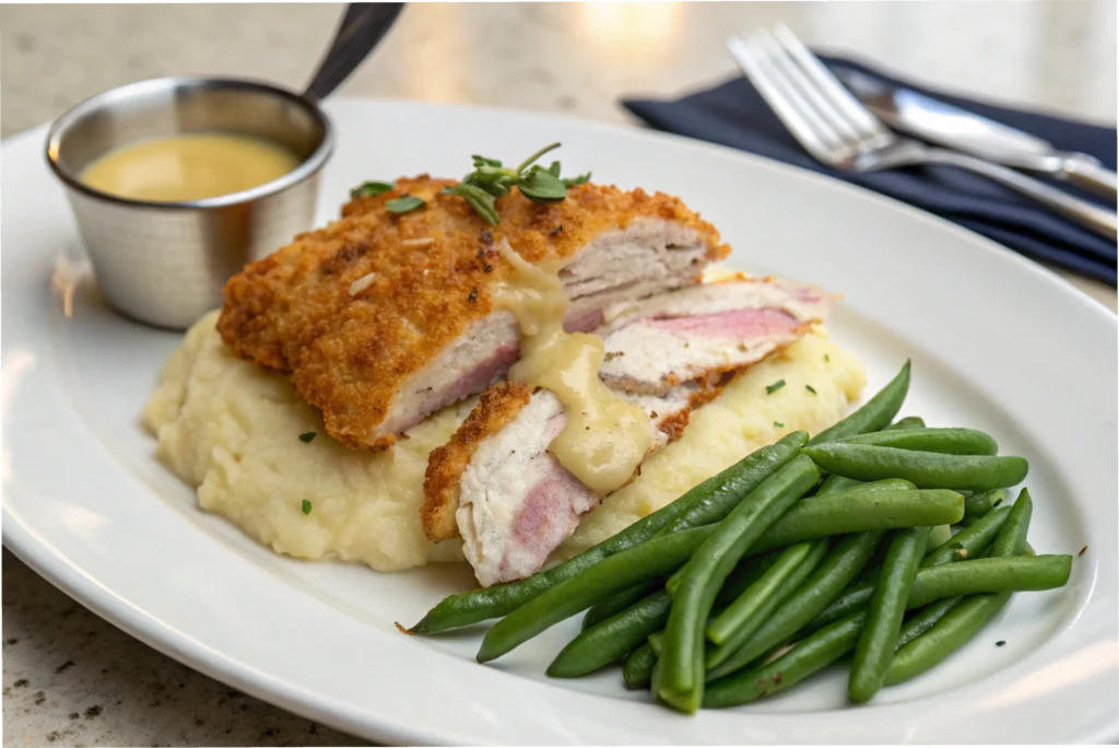 Chicken cordon bleu served with mashed potatoes, green beans, and Dijon sauce.