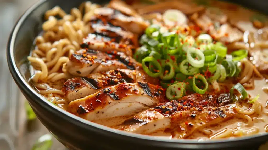 Fiery Chicken Ramen with creamy garlic sauce, soft boiled egg, and chili oil in a white bowl