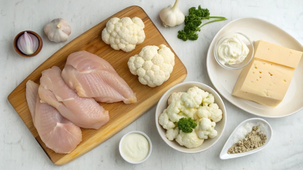 Ingredients for creamy chicken and cauliflower recipe