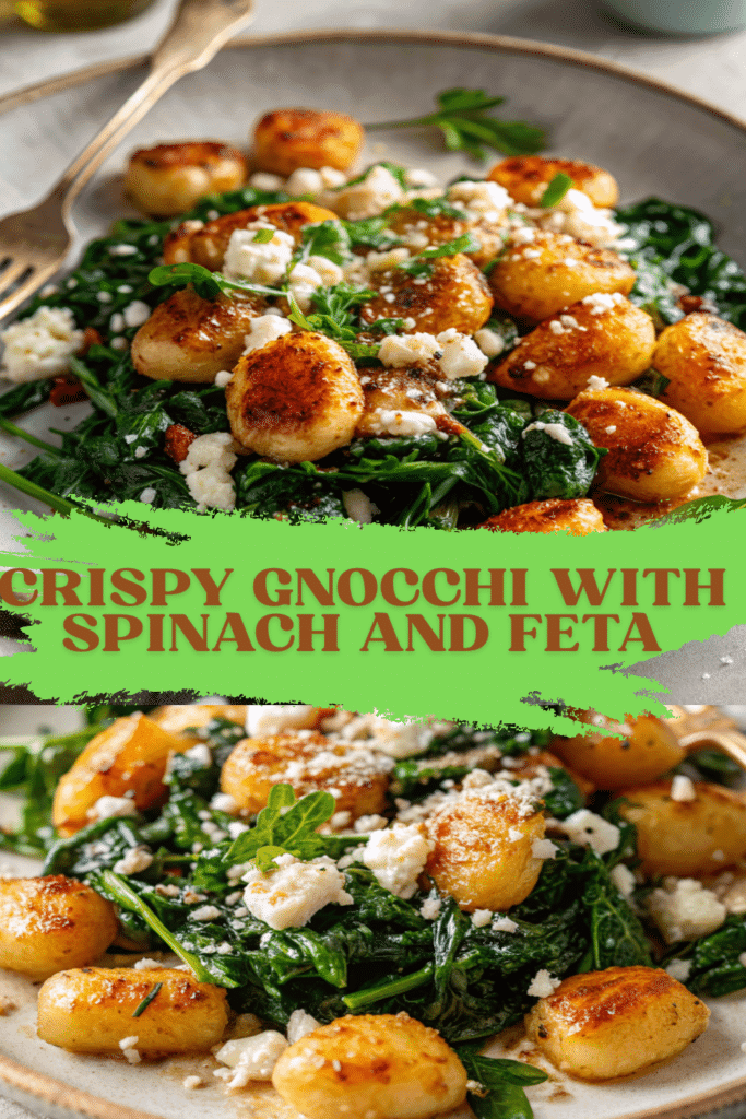 Pinterest pin for crispy gnocchi with spinach and feta recipe