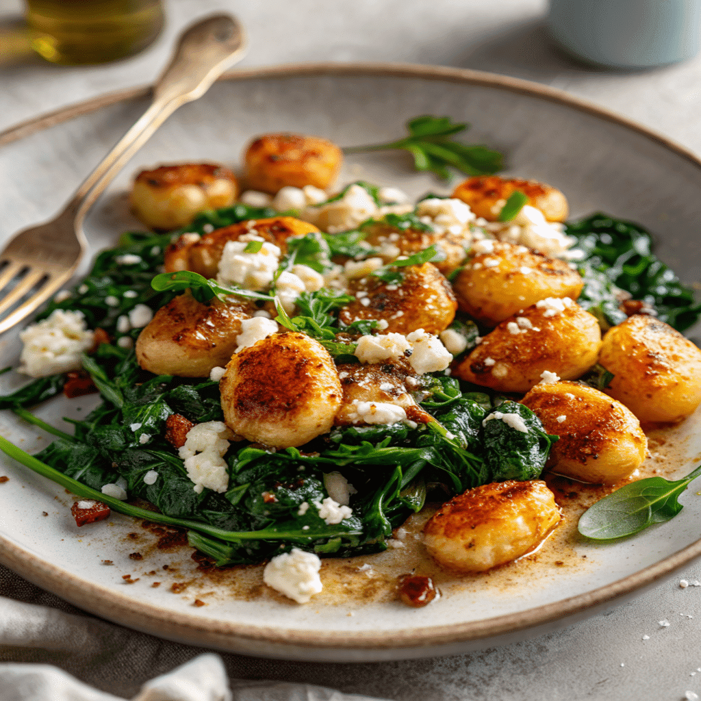 crispy gnocchi with spinach and feta served on rustic plate