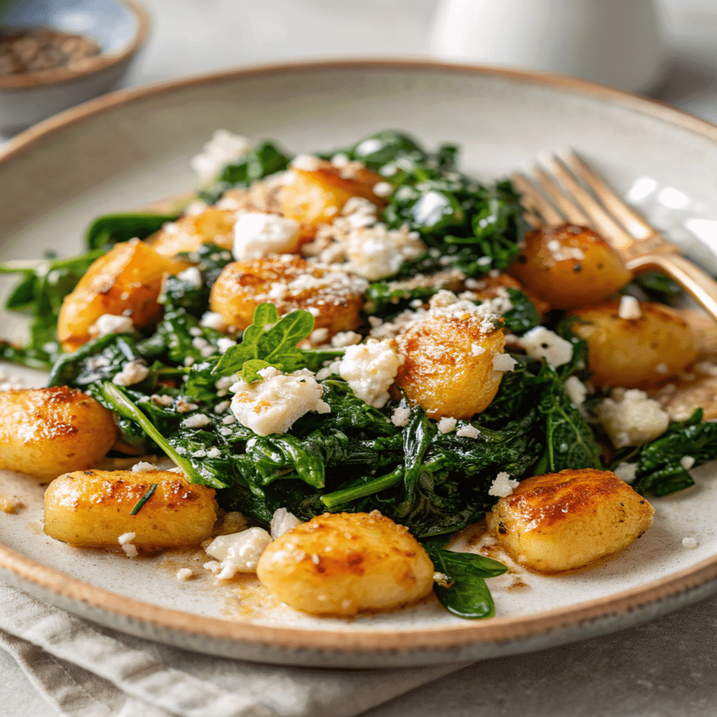 crispy gnocchi with spinach and feta served on a plate