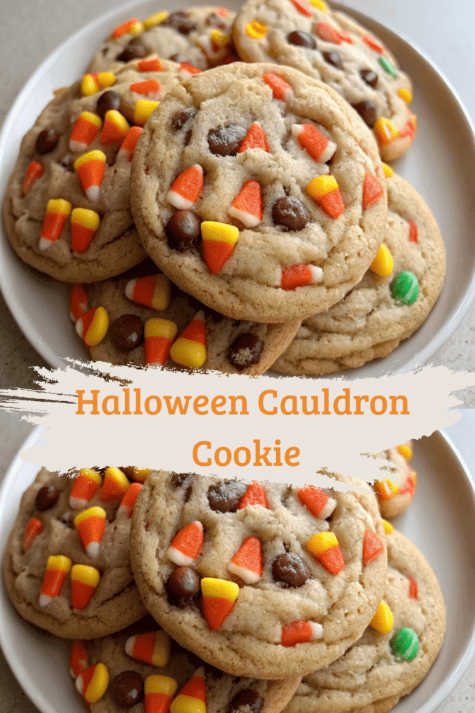 Halloween Cauldron Cookie stacked on a white plate, chewy golden cookies filled with candy corn and chocolate chips
