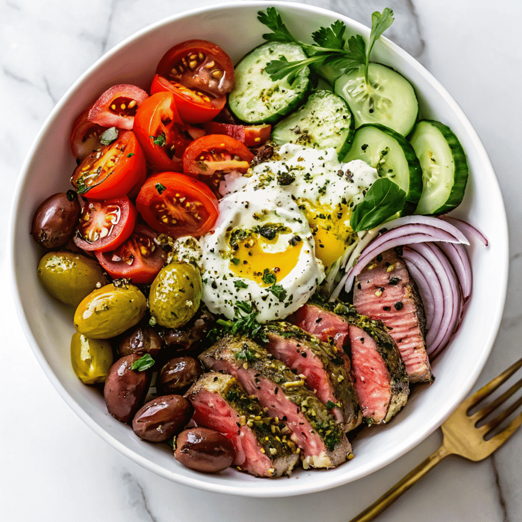 Mediterranean Steak Bowl with sliced steak, cucumbers, cherry tomatoes, olives, red onions, and yogurt sauce topped with olive oil.