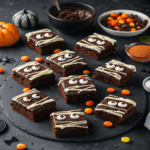 Halloween Mummy Brownies decorated with white frosting bandages and candy eyes, arranged on a black slate tray with festive candies.
