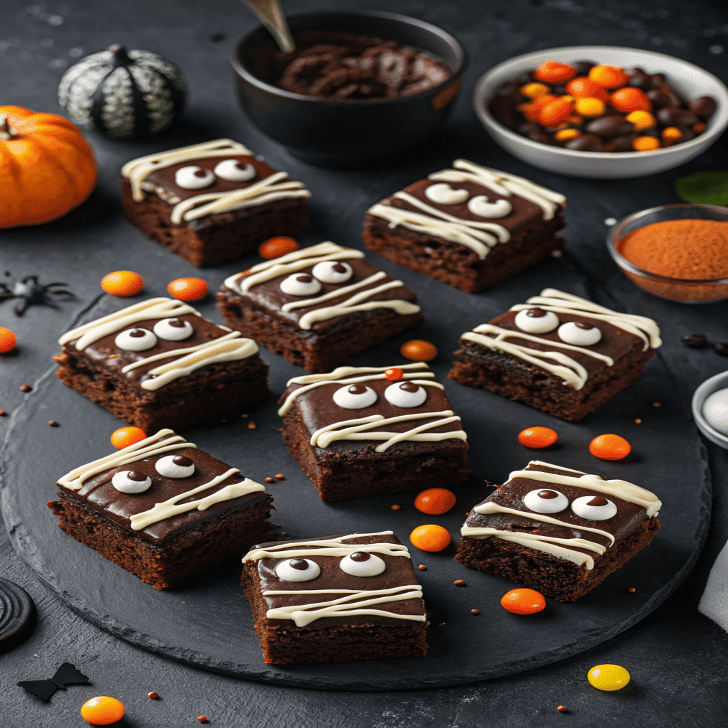 Halloween Mummy Brownies decorated with white frosting bandages and candy eyes, arranged on a black slate tray with festive candies.