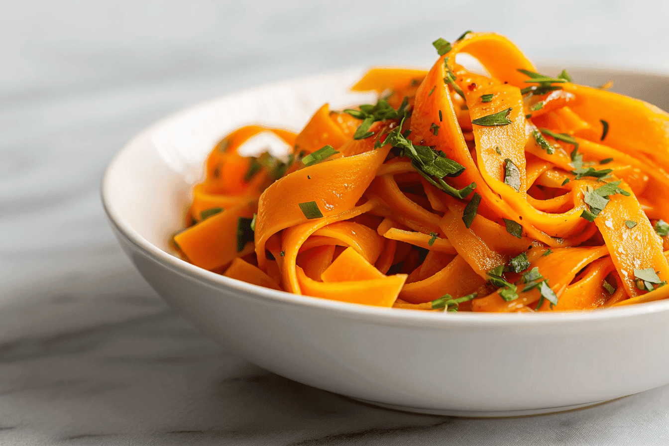 Ribbon Carrot Salad with fresh herbs in a white bowl