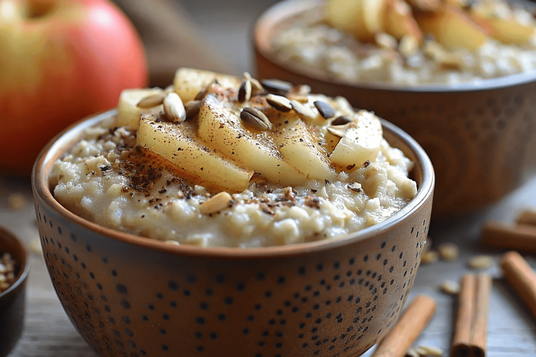 Apple Cinnamon Overnight Oats in a ceramic bowl topped with apple slices, cinnamon, and pumpkin seeds