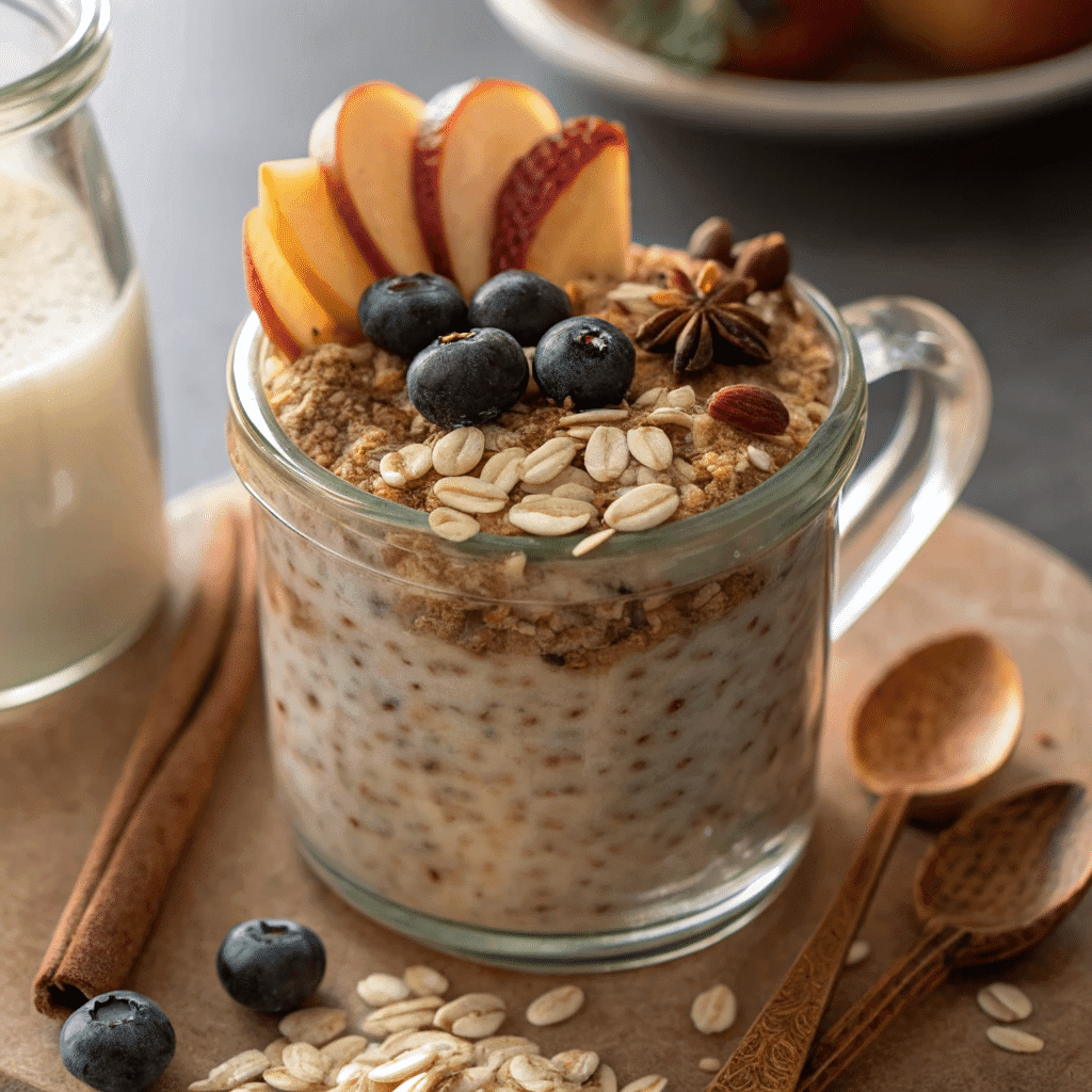 Apple Cinnamon Overnight Oats in a glass mug topped with apple slices, blueberries, oats, and spices