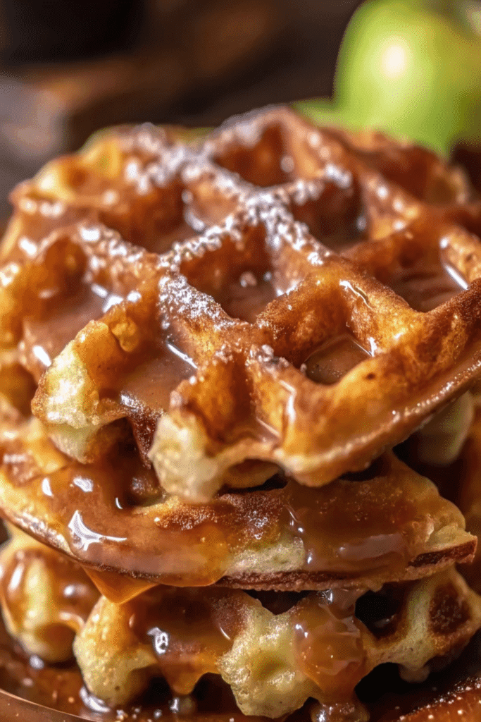 Stack of Apple Fritter Waffle Donuts with caramel glaze and powdered sugar