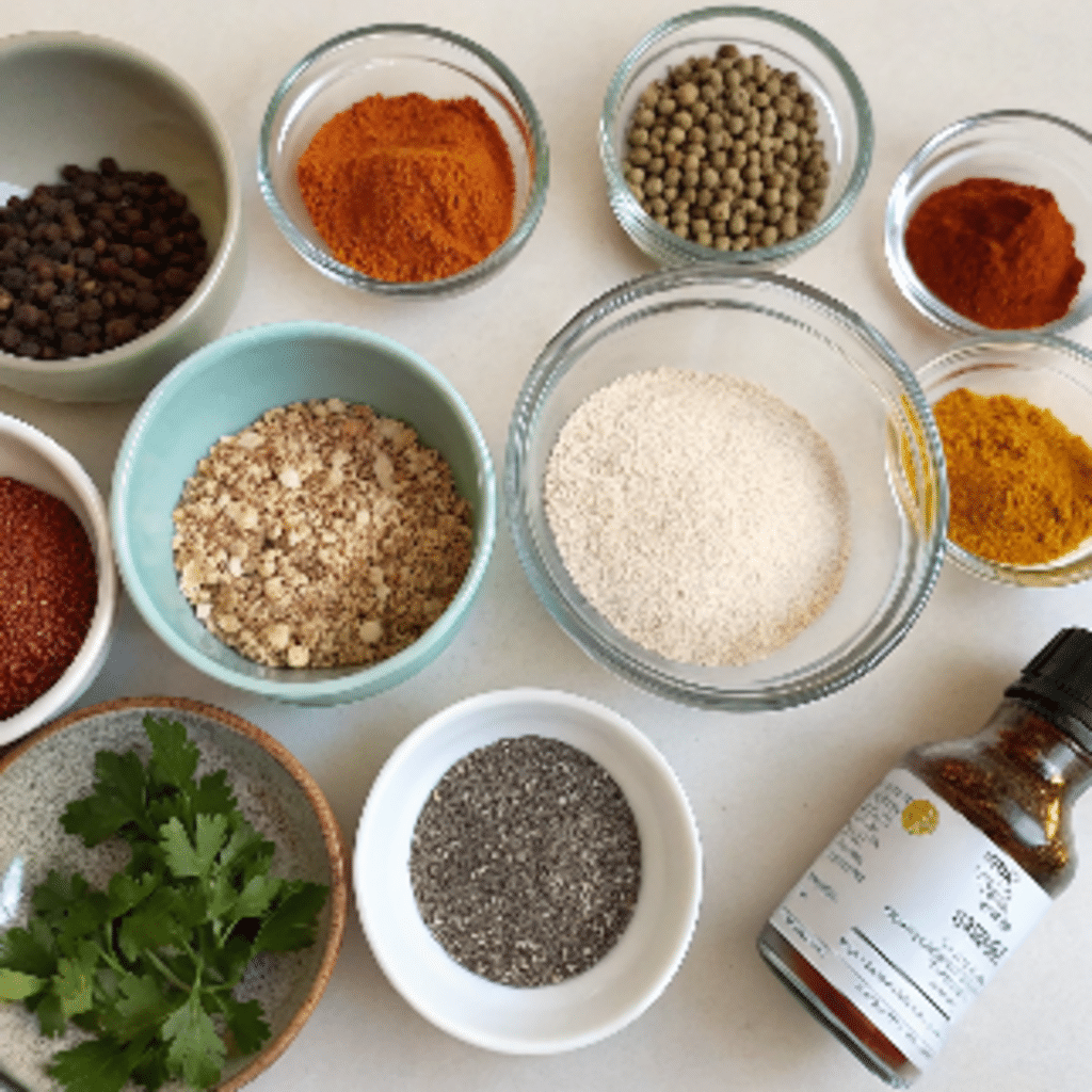 Ingredients for Bariatric Seed Trick including pumpkin, chia, flax, spices, and herbs