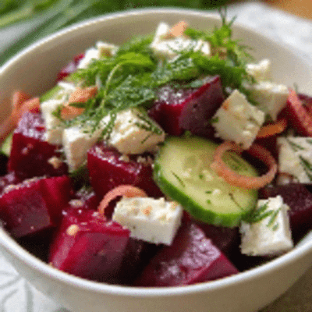 Beet salad with feta, cucumbers, dill, and pickled shallots in a bowl