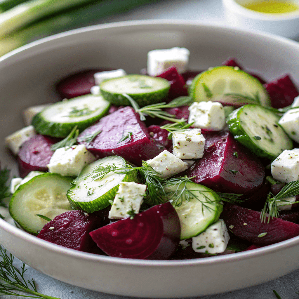 Beet salad with feta, cucumbers, and dill in a bowl
