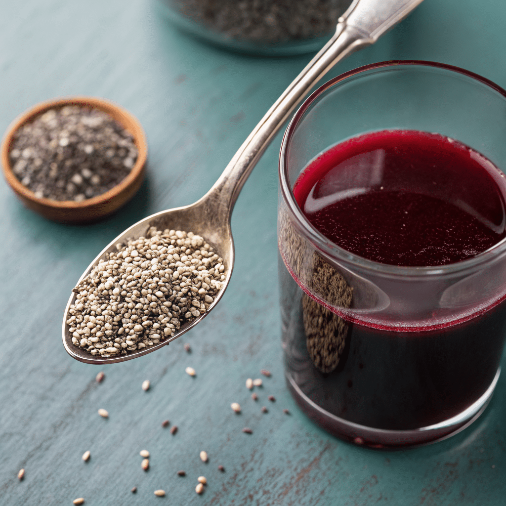 Spoonful of white chia seeds above a glass of beetroot juice detox drink
