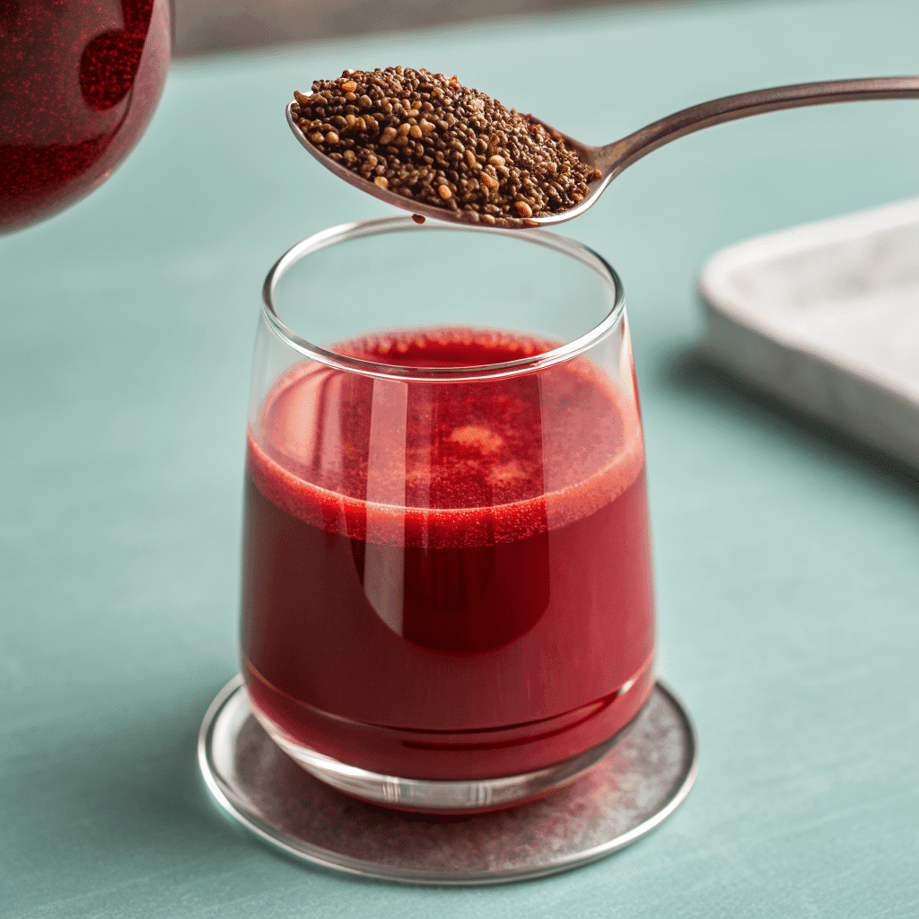 Spoonful of black chia seeds over a glass of beetroot detox drink