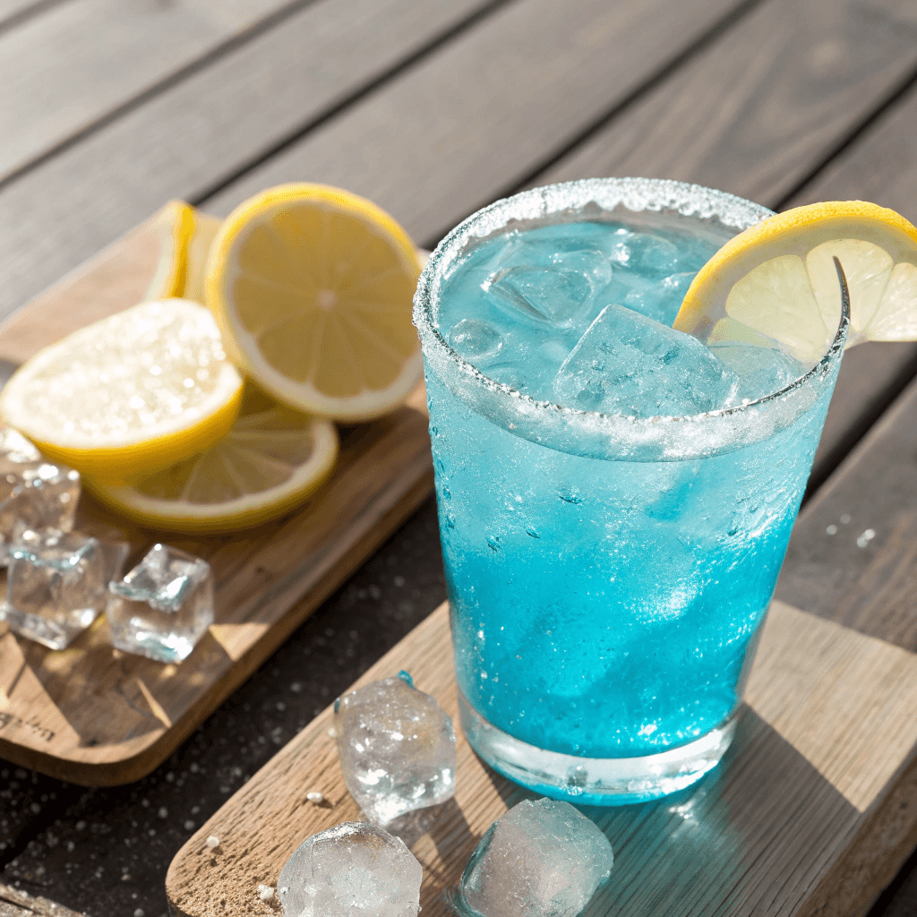 Blue Salt Trick drink served in a clear glass with lemon slices