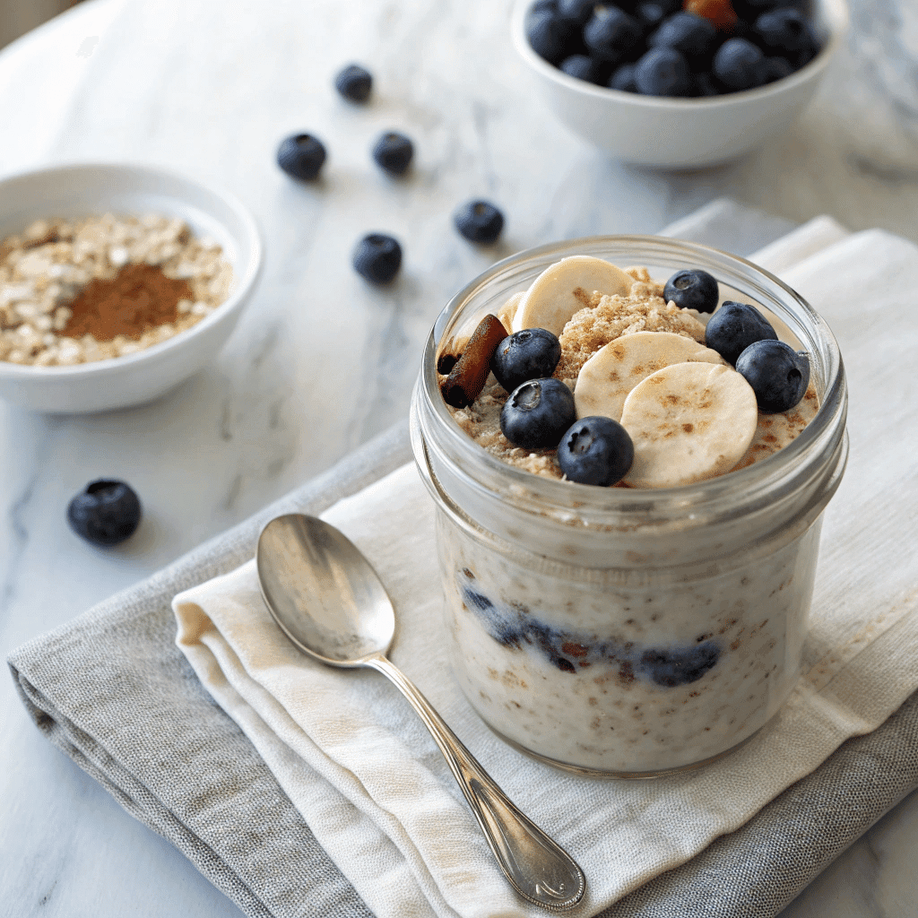 Serving of blueberry banana overnight oats in a glass jar with banana slices and fresh blueberries