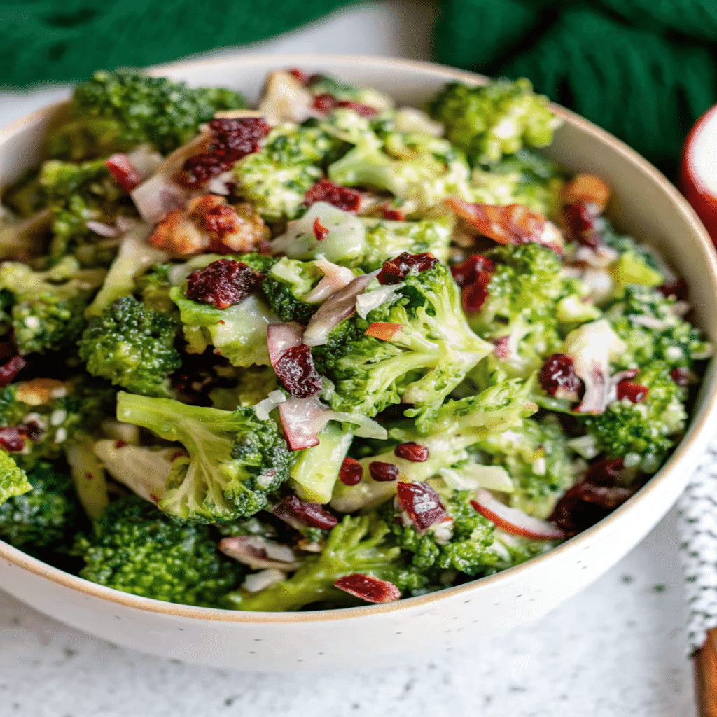 Fresh Broccoli Salad with cranberries, almonds, and creamy dressing